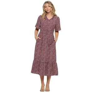 West K Women's Bethany Smocked Pattern Tiered Midi Dress Wine Size‎ Large